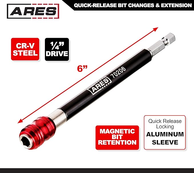 ARES 70206 - Drill Extension Bit Holder - 6-Inch Quick Release - Works With All 1/4-Inch Drive Bits - Quick Release Mechanism Makes Changing Bits a Breeze
