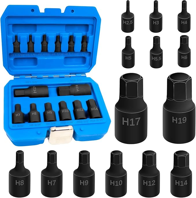 14Pcs Impact Grade Allen Bit Socket Set, Metric Hex Drive 1/4-Inch, 3/8-Inch, 1/2-Inch Drive Impact Hex Socket Kit, Heavy Duty Hex bit Screwdriver Adapter Hand Repair Tool