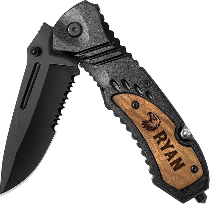 Personalized Pocket Knife, Gift for Men, Stocking Stuffers For Men Him/Dad, Custom Engraved Knife for Camping, Hunting Essentials With Belt Clip, 8 Inch Stainless Steel Blade and Wood Handle
