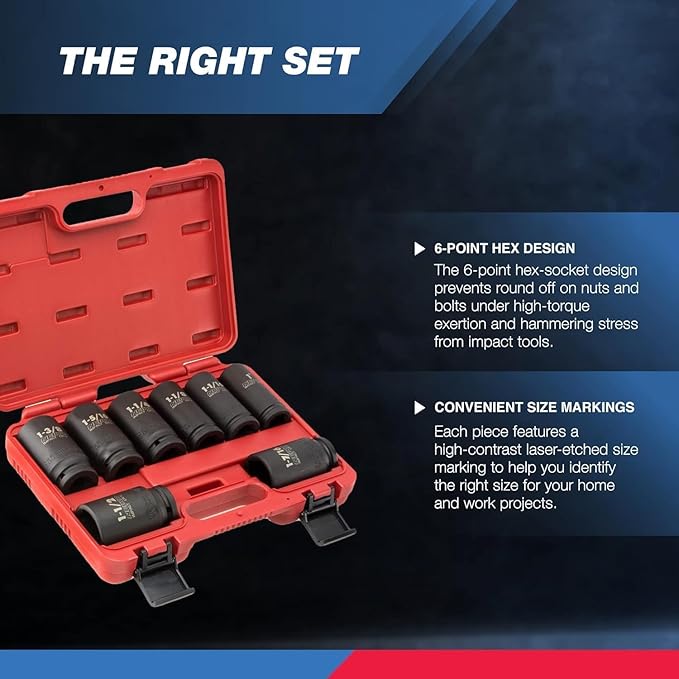 NEIKO 02461A 3/4 Inch Drive Impact Socket Set, SAE 1??to 1-1/2?? 8 PC, Deep/Jumbo Sockets, Chrome Vanadium Cr-V