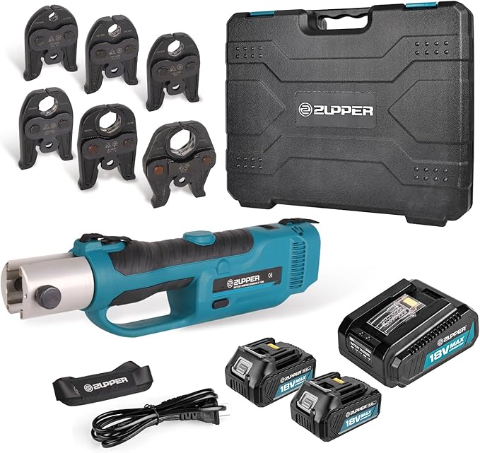 ZUPPER Standard Pro Press Tool kit with 6 Copper Pro Press Jaws 1/2" to 2", 2pcs 4AH Battery, Fast Charger & Carrying Case