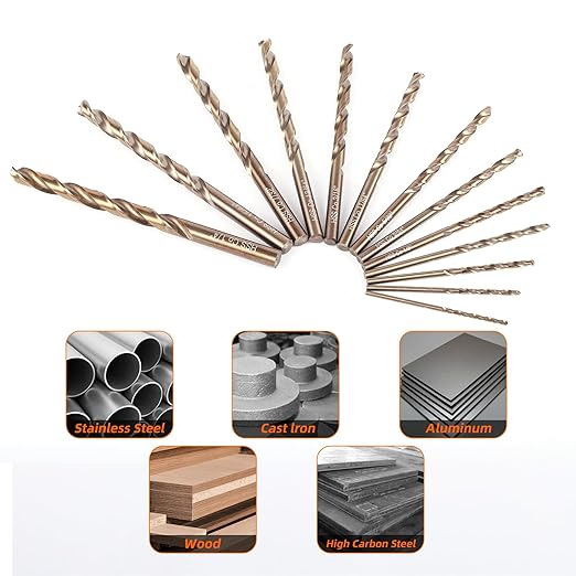 13Pcs Cobalt Drill Bit Set (1/16"-1/4"), High Speed Steel, Twist Jobber Length for Hardened Metal, Stainless Steel, Cast Iron, Wood, and Plastics, with Index Storage Case