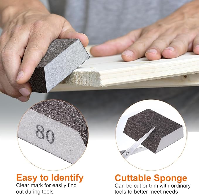 HARFINGTON 4pcs Sanding Sponge Blocks 180-220 Grit Sanding Sponge with Angled Edge 4"x2.8"x1", Washable and Reusable Foam Sanding Block for Polishing Kitchen Metal Wood Drywall Home