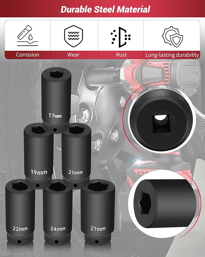1/2?쇺?Drive Crank Bolt Socket Set, weighted socket set 6 Pack 17MM, 19MM, 21MM, 22MM, 24MM, 27MM, Harmonic Balancer Socket Set, 3 Times Momentum Power of Standard Impact Sockets