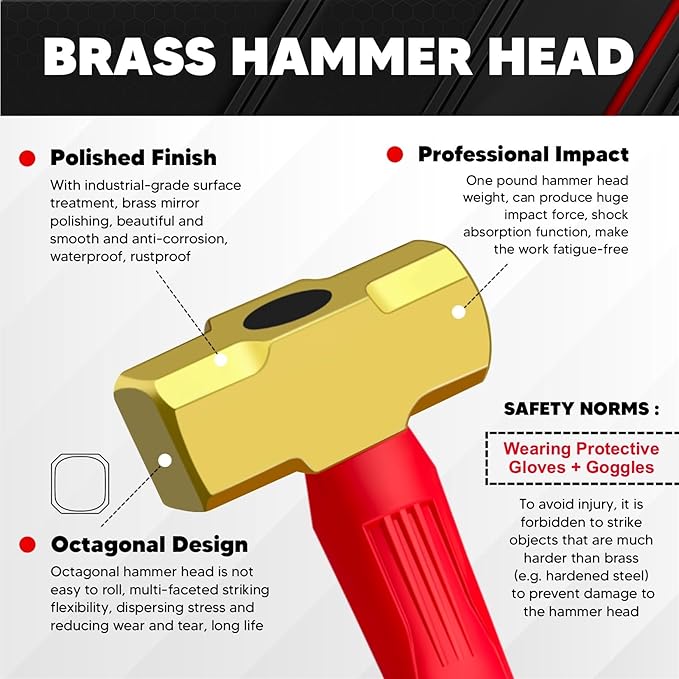 C&T 1lb Brass Sledge Hammer,Non-Sparking,Comfortable Fiberglass Handle,1-Pounds,Non-Magnetic,Corrosion Resistant