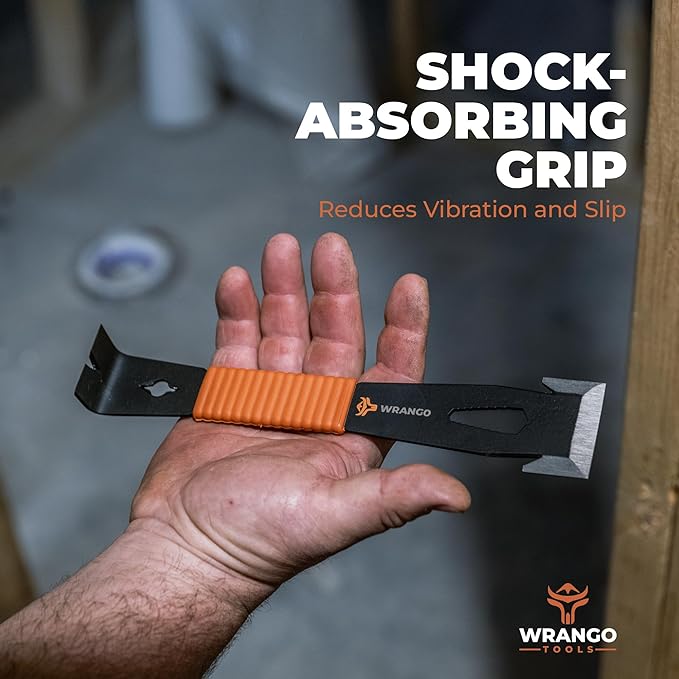 Wrango Tools 9.5" Trim Bar Pry Bar - Patented Small Pry Bar with Bolt Remover & Nail Puller for Home Improvement & Construction - Flat Bar with Shock-Absorbing Grip & Wide Winged Ends, 2pk