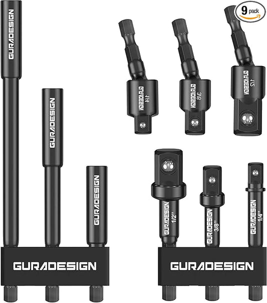 9-Piece Impact Drill Socket Adapter Set and Universal Joints Socket Set 1/4" 3/8" and 1/2" Driver Socket Adapter, Power Drill Bit Extension, Magnetic Screwdriver Bit Holder