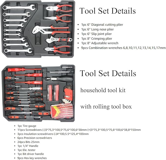 Aokleo 899PCS Tool Set, Household Tool Kit with Rolling Tool Box, Complete Tool Box Set Hand Tool Set with Tool Box, Mechanic Tool Set Rolling Tool Set for Auto Repair/Home Tool Set (White)