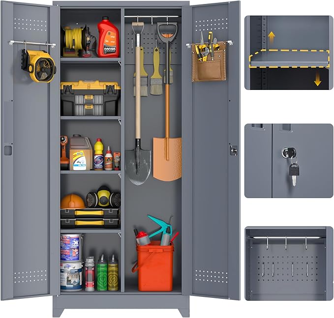 GREATMEET 72.8" Broom Storage Cabinet竊똌etal Storage Cabinets for Cleaning Supplies with Pegboard, Utility Closet, Broom Mop Cabinet, Grey