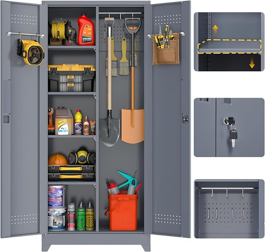 GREATMEET 72.8" Broom Storage Cabinet竊똌etal Storage Cabinets for Cleaning Supplies with Pegboard, Utility Closet, Broom Mop Cabinet, Grey