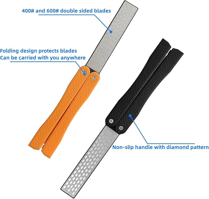 Knife Sharpener ??Orange/Black Pocket Portable Diamond Sharpening Stone, Two-sided 400/600 Grit, Folding Design for Outdoor and Home Use, Comes with a Blue Diamond Polishing Rod (Black)