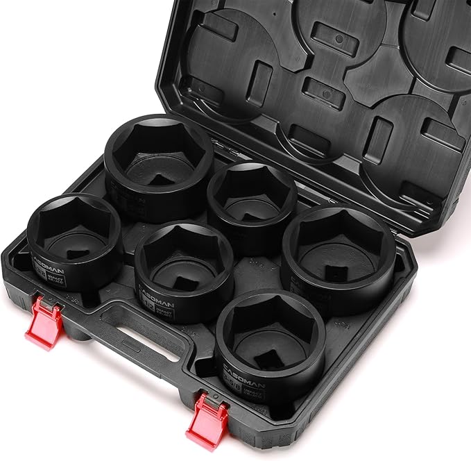 CASOMAN 6-Piece 1" Drive Shallow Spindle Axle Nut Impact Socket Set, 6-Point, Standard Large Socket Set, SAE (3-1/4" to 4"), CR-MO Steel, with Storage Case