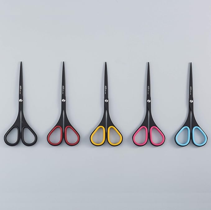 ALLEX Small Black Scissors for Office 5.5" [Non-Stick], All Purpose Slim & Thin Low Profile Scissors, Made in JAPAN, All Metal Japanese Stainless Steel Blade with Non-Slip Soft Ring, Black Blue