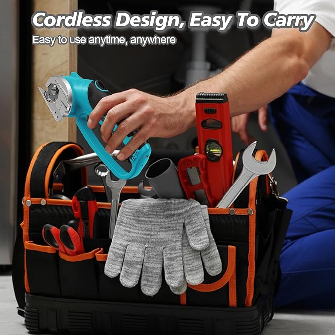 Cordless Electric Scissors, 4V Rechargeable Box Cutter & Cardboard Cutter with LED Light, Safety Lock - Rotary Cutter for Fabric, Leather, Plastic, Crafting, Sewing with Storage Box (Turquoise)