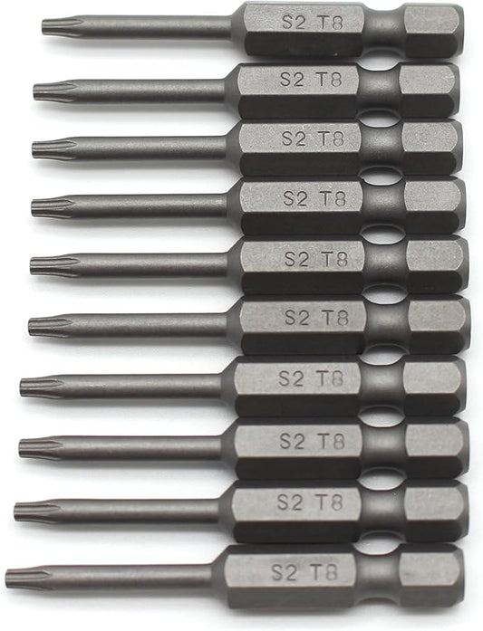 TEMO 10 pc T8 Torx Star Head Screwdriver Bit Set, S2 Steel 6 Point T-8 Reduced Round Shaft Screwdriver Insert Bits Hex Shank