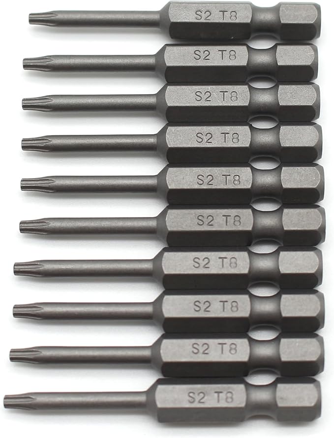 10 pc T8 Torx Star Head Screwdriver Bit Set, S2 Steel 6 Point T-8 Reduced Round Shaft Screwdriver Insert Bits Hex Shank