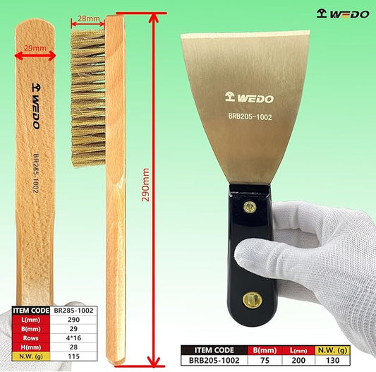 WEDO 3pcs Brass Putty Knife Set, 3" Paint Scraper with Bakelite Handle, 11" Brass Wire Brush,A Pair of Gloves,Drywall Knife, Scraper Tool for Plaster Scraping Drywall Finishing