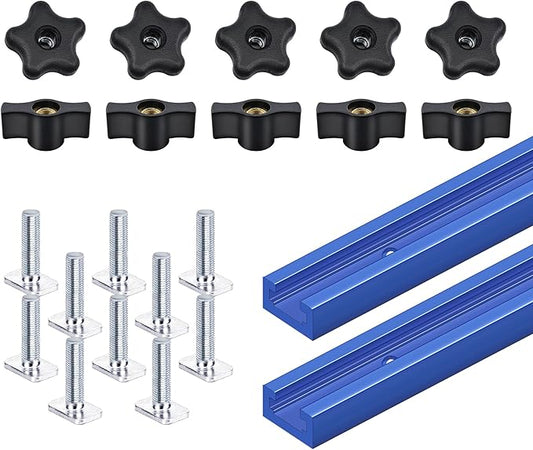 2 pack 24" T-Track with 20pcs T-Track Knob Kit for Woodworking with Screws, Aluminum Alloy Woodworking Tools Double Cut Profile Universal T-Tracks with Predrilled Mounting Holes anodized blue