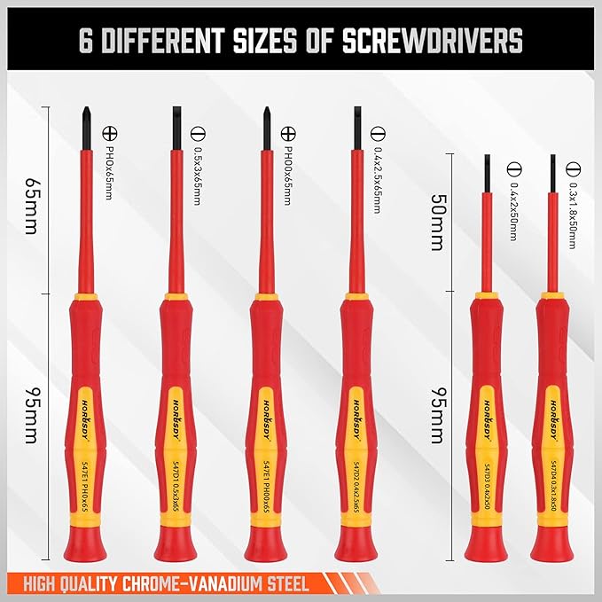 HORUSDY 1000V 6-Piece Mini Insulated Screwdriver Set, Magnetic Tip Mini Electrician Screwdriver Set Slotted(1.8??.0??.5??.0mm), Phillips: (PH00, PH0) VDE & GS Certified for Safe Electrician Repair