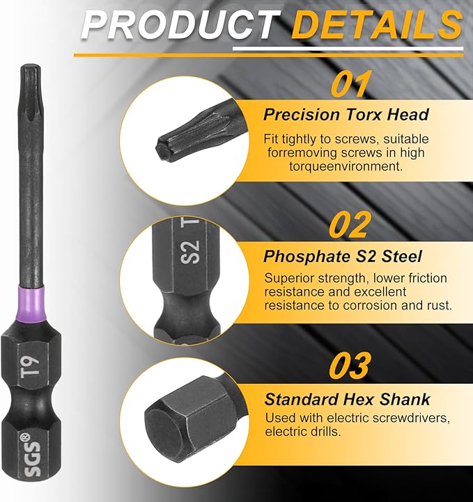 HARFINGTON 5pcs T9 Torx Head Impact Screwdriver Bits 1/4" Hex Shank 2" (50mm) Long Magnetic No Hole Tamper Proof 6 Point Star Screw Driver Drill Bits Phosphate S2 Steel Power Tools