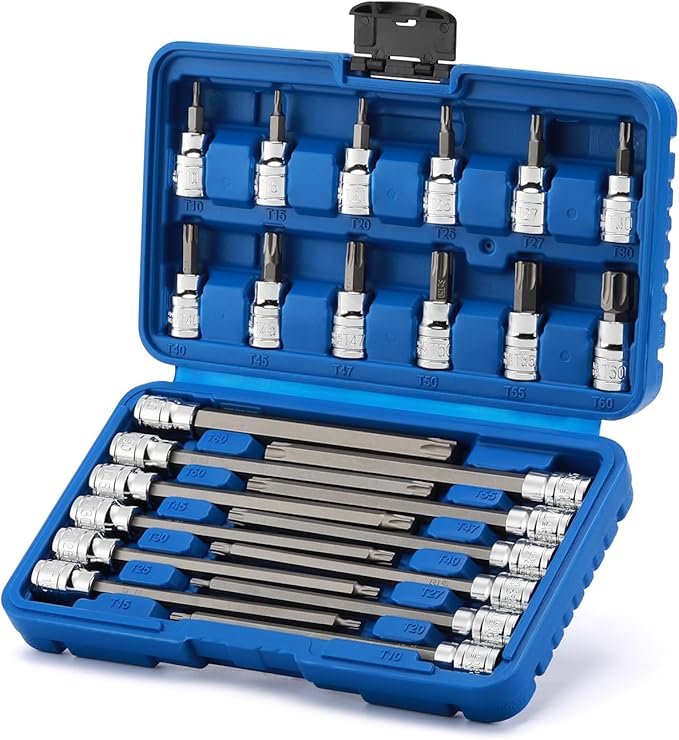 EMENTOL 3/8 Inch Drive Torx Bit Socket Set, Extra Long Star Bit Sockets, 24-Piece, Cr-V and S2 Alloy Steel, T10-T50