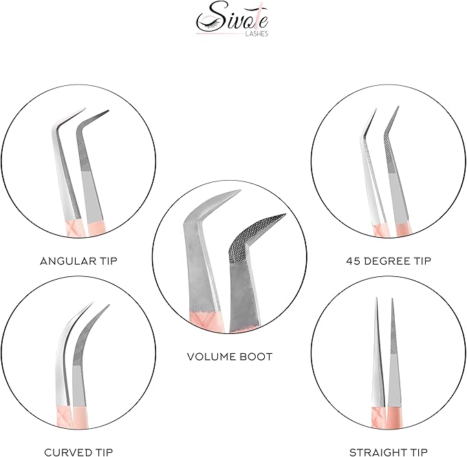 SIVOTE Lash Tweezers for Eyelash Extensions, Pack of 5 Peach – Lash Extension Tweezers Set with Diamond Grip, Precision Fiber Tip for Volume Eyelash Extensions