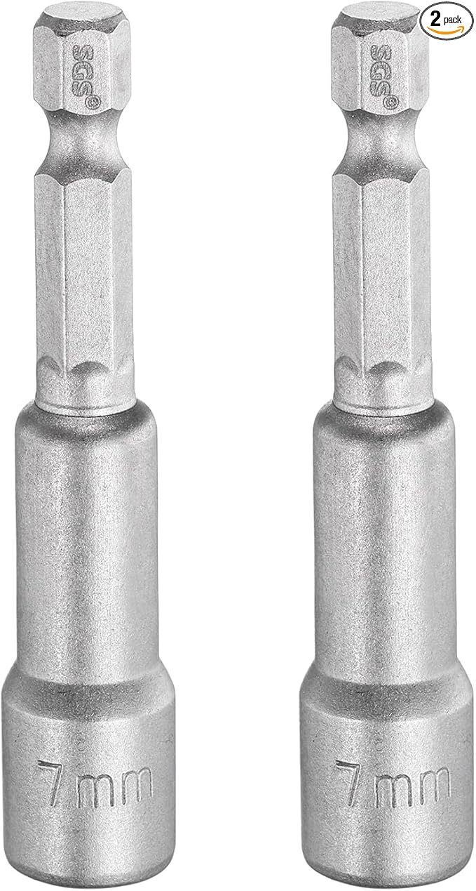 HARFINGTON 2pcs Nut Driver Drill Bit 7mm Metric Socket 1/4" Hex Shank 2.56" (65mm) Long Magnetic 6-Point Sockets Quick Change CR-V Steel Bolt Setters for Power Drill Drivers