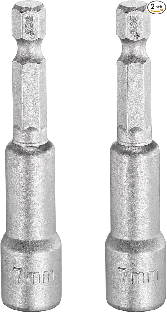 HARFINGTON 2pcs Nut Driver Drill Bit 7mm Metric Socket 1/4" Hex Shank 2.56" (65mm) Long Magnetic 6-Point Sockets Quick Change CR-V Steel Bolt Setters for Power Drill Drivers