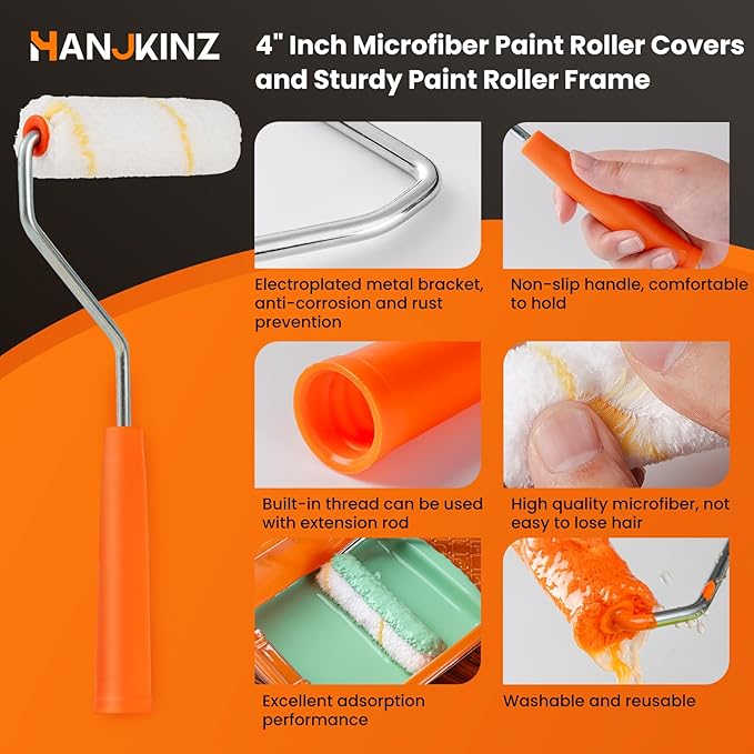 9 Pcs 4 Inch Small Paint Roller Kit with Microfiber Paint Roller Covers, Paint Tray with Liner, Mini Paint Roller for Painting Wall, Door, Cabinet