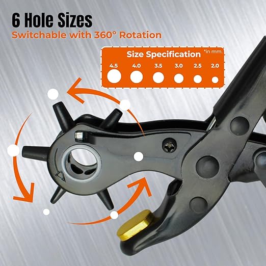 Adorox Heavy Duty Quality & Professional Design Revolving Hole Punch Pliers Kit ??with Steel Ruler & File, Puncher with 6 Hole Sizes for Belts, Watch Straps, Saddles, Shoes & DIY Crafts