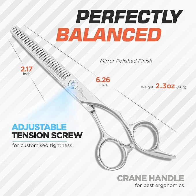 Fagaci Left Handed Professional Thinning Shears 6 Inch with Extremely Sharp Blades, 440C Steel Thinning Scissors, Durable, Smooth Motion & Fine Cut, Hair Scissors with Elegant Sheath