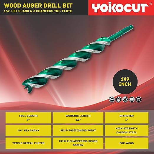 1" x 9" Auger Drill Bit for Wood, Hex Shank Tri-Flute Drill Bits, Ship Auger Long Drill Bit for Soft and Hard Wood, Plastic, Drywall, Tree Stump and Composite Materials