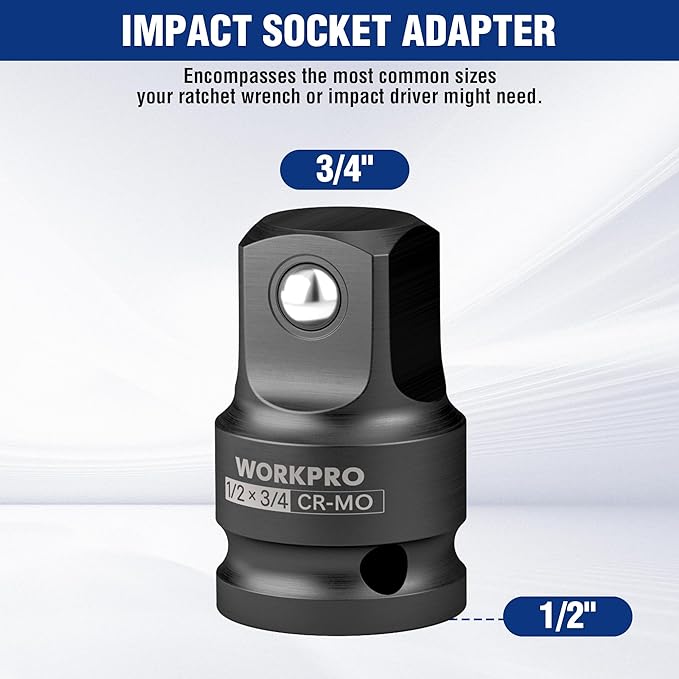 WORKPRO 1/2" F to 3/4" M Impact Socket Adapter, Cr-Mo Steel, Socket Adapter Set for Impact Driver Conversions, Square Drive Reducer for Impact Driver Wrench