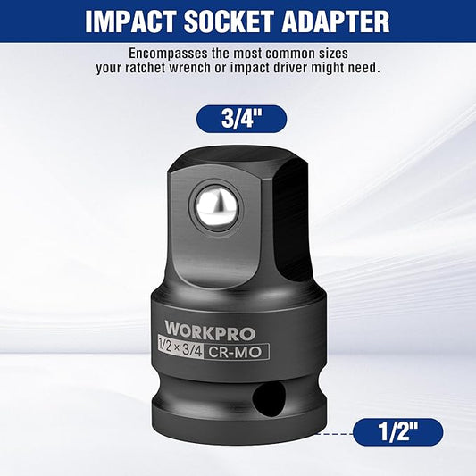 WORKPRO 1/2" F to 3/4" M Impact Socket Adapter, Cr-Mo Steel, Socket Adapter Set for Impact Driver Conversions, Square Drive Reducer for Impact Driver Wrench