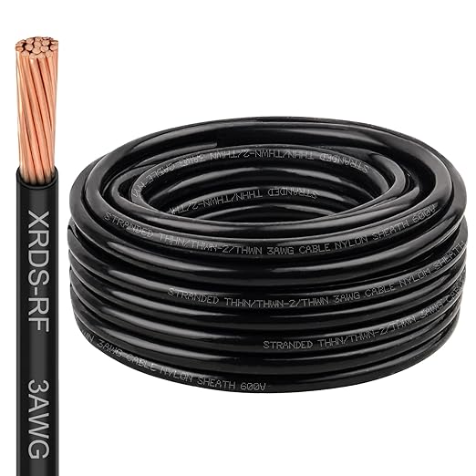 XRDS -RF THHN Wire 50FT, 3AWG Stranded Copper THHN Electrical Wire, Black Nylon-Coated Thermoplastic Insulated Cable for Indoor Conduit Wiring, 600V Rated