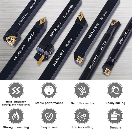 1/2" 12mm Indexable Lathe Turning Tool 21Pcs Kit- 7Pcs Metal Lathe Tools Holder Set with 14Pcs Carbide Insert Turning Inserts for Turning Grooving Boring Threading Cutting.Carbide Lathe Tools.