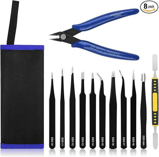 Ainiv Precision Tweezers Set, 11PCS Anti-Static ESD Tweezers Set with 1PCS Micro Wire Cutter for Modeling, Electronic Repair, Handicraft, Laboratory, Jewelry Manufacturing, Hobby etc