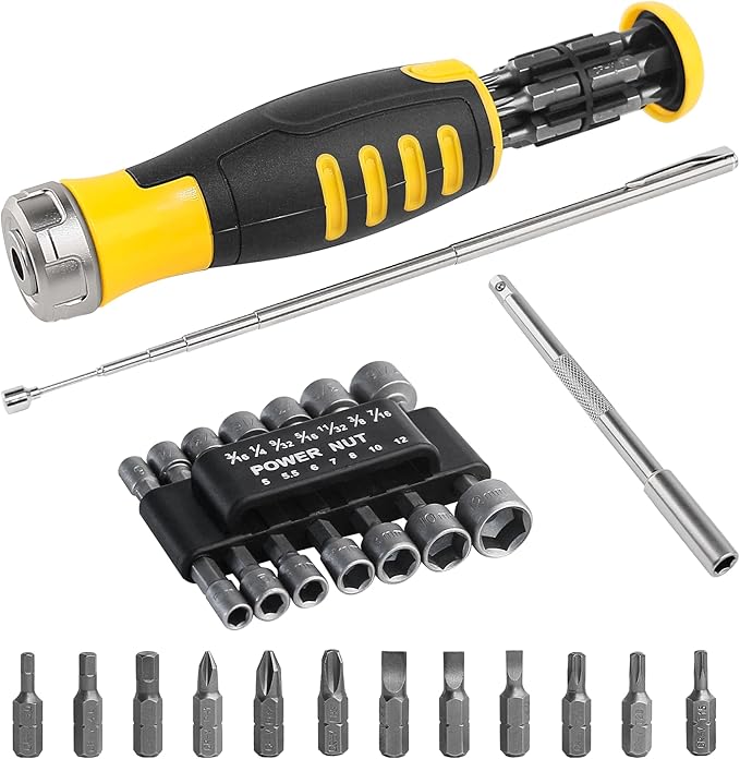 HAUTMEC 28 Pcs Magnetic Ratcheting Screwdriver Set, Multi-bit Screw Driver Set Including CRV Screwdriver Bits, Nut Driver Set and Telescoping Magnetic Pickup Tool for DIY, Electronics, Auto Repair