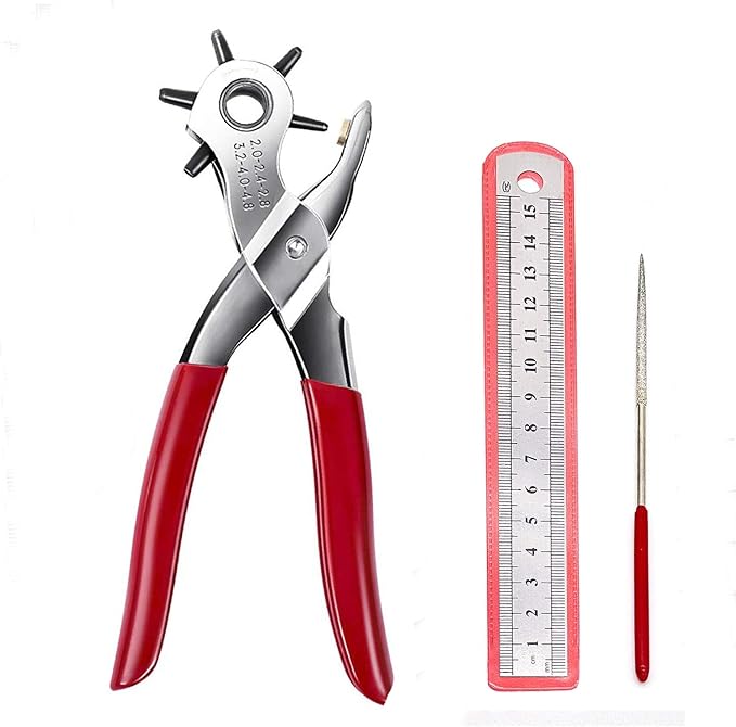 Adorox Heavy Duty Belt Hole Puncher for Leather ??6 Size Revolving Leather Hole Punch Tool with Ruler & Deburring File, Perfect for Straps, Belts, DIY Leathercraft, and Repair