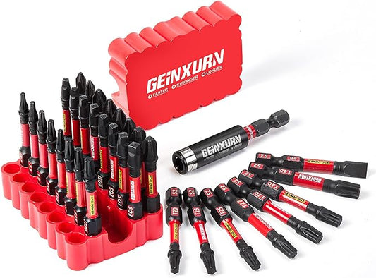 Impact Screwdriver Bits Set, 33 Pieces 2?쒶ulti Head Magnetic S2 Steel Driver Bits PH/SQ/Torx/Slotted With Red Soft Base
