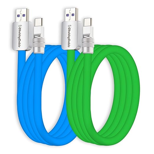 chubbycable Couple Chubby 2-Pack 120W USB C Cable Extra Thick Silicone Fast Charging Cable Compatible with iPhone 17-15 Series iPad Galaxy Series, Blue+Green, USB-A to Type-C, 3.3FT