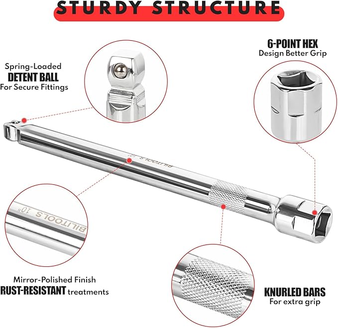 BILITOOLS 9-Piece Hex Wobble Extension Set, 2 in 1, 1/4 in, 3/8 in, 1/2 in, Chrome Vanadium Steel