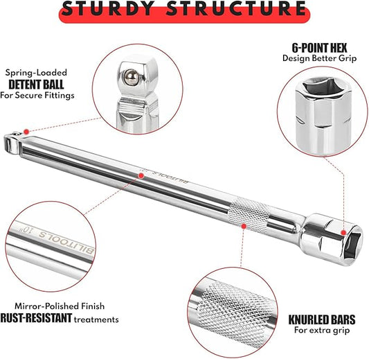 BILITOOLS 9-Piece Hex Wobble Extension Set, 2 in 1, 1/4 in, 3/8 in, 1/2 in, Chrome Vanadium Steel