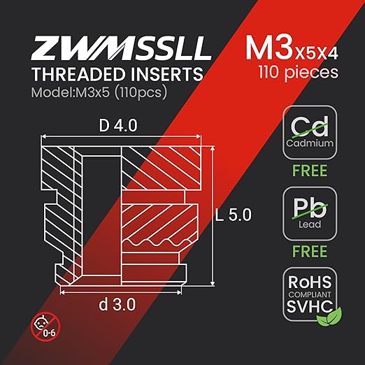 M3 Threaded Inserts Heat Set Insert,110 Pieces M3x5x4mm Metric Knurled Nuts,Brass Threaded Inserts for Plastic and 3D Printing Components