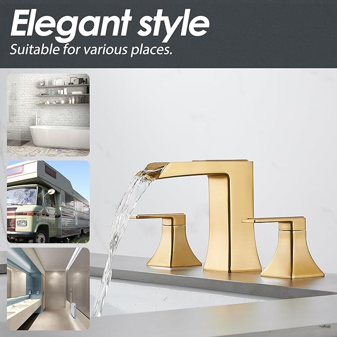 Brushed Gold Waterfall Bathroom Faucet, Sanliv 2-Handle Widespread Bathroom Faucet for 3-Hole Sinks 4-8 inch, Modern Vanity Faucets with Pop Up Drain, Champagne Bronze