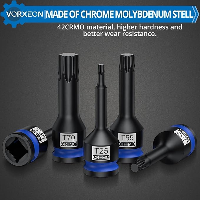 10 PCS 1/2" Drive Impact Star Bit Socket Set 42CRMO With Storage Case, Impact Torx Socket T25 T27 T30 T40 T45 T50 T55 T60 T70 T80