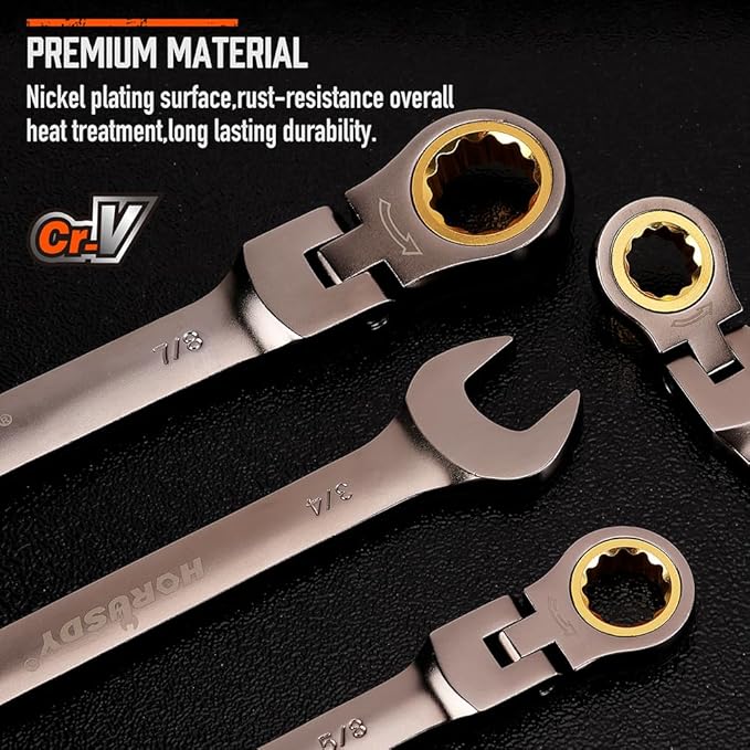HORUSDY 12-Piece SAE Flex-Head Ratcheting Wrench Set with Organizer | 1/4??to 7/8??Ratchet Combination Wrenches Set | 72-Teeth | Chrome Vanadium Steel