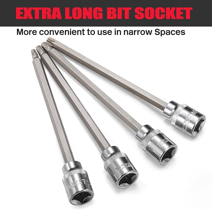 3/8" Drive Extra Long Torx Bit Socket Set,15-Piece T10-T60 Star Bit Socket Set S2 Alloy Steel Torx Bit 4.6" Length