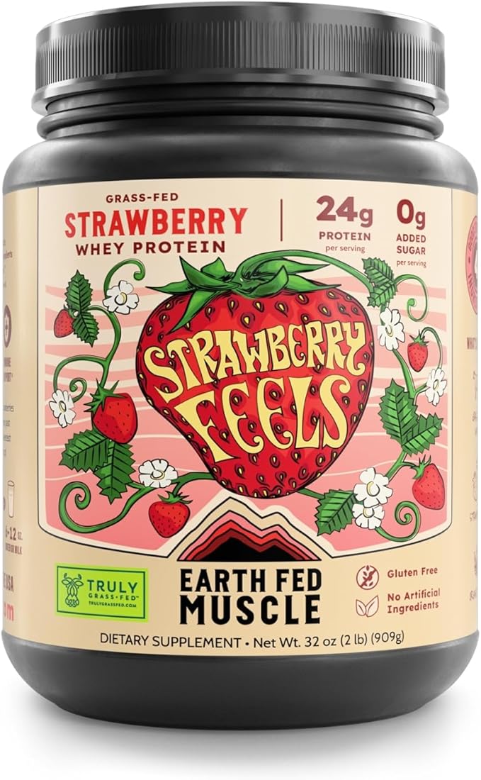 Earth Fed Muscle Strawberry?츴eels??Forever) ??Irish Truly Grass?멑ed Whey Protein Isolate, No Sugar, Soy?멑ree, Gluten?멑ree (2 lb, 29 Servings, Strawberry)