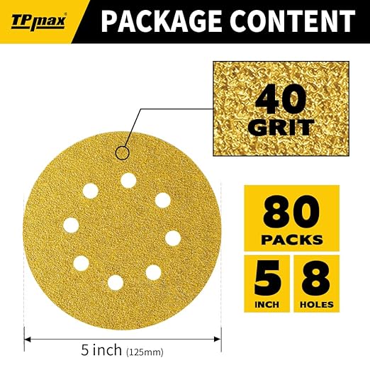 80PCS 5 Inch 40 Grit 125mm 8 Hole Sanding Discs Sandpaper - Premium Gold Round Hook and Loop for Random Orbital Sander - Ideal for Wood, Metal, Automotive